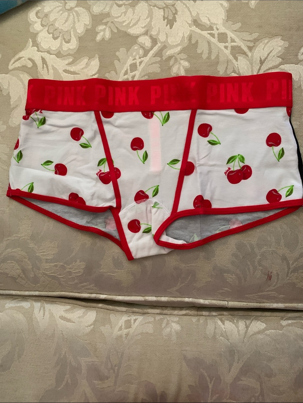 PINK Victoria's Secret White Boyshorts with Red Cherry Print